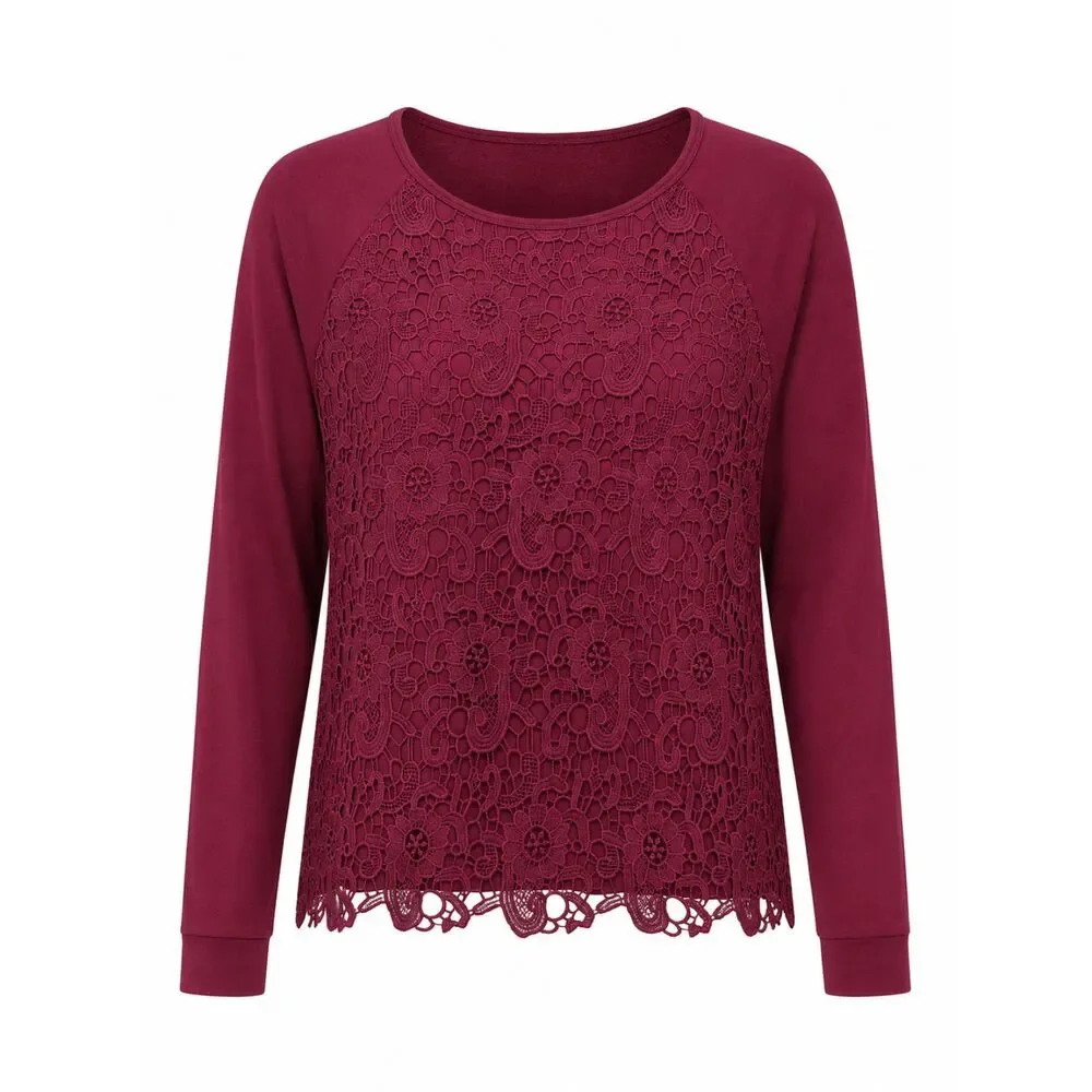 Adrianna Papell Women's Large Burgundy Lace Front Long Sleeve Top - Picture 4 of 4